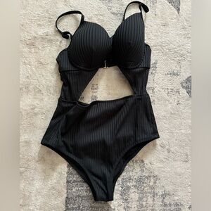 Classy soft ribbed bow tie front backless peep one piece